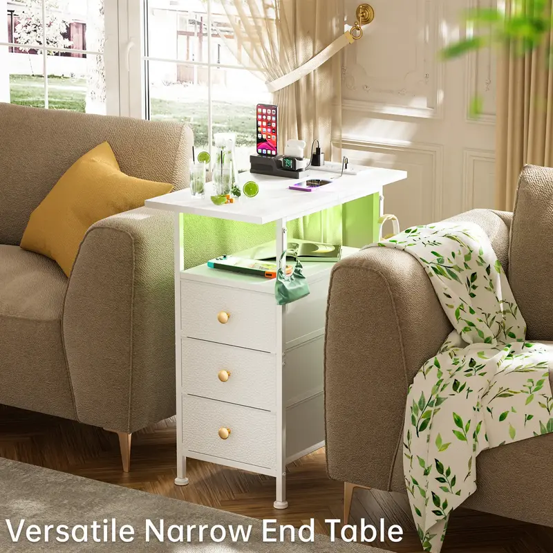 Slim End Table with Charging Station & LED Lights, Narrow Side Table with Shelf and 3 Fabric Drawers, Modern Bedside Nightsta...