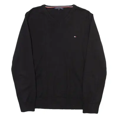 TOMMY HILFIGER Mens Jumper Black V-Neck Tight Knit L