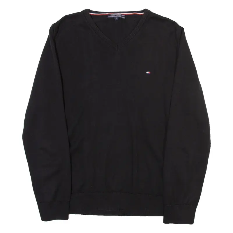 TOMMY HILFIGER Mens Jumper Black V-Neck Tight Knit L