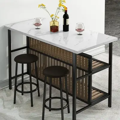 AWQM 3-Piece  Faux Marble Dining Table& Chairs for 2, Kitchen Island Set with Storage, Small Space, White/Brown/Walnut