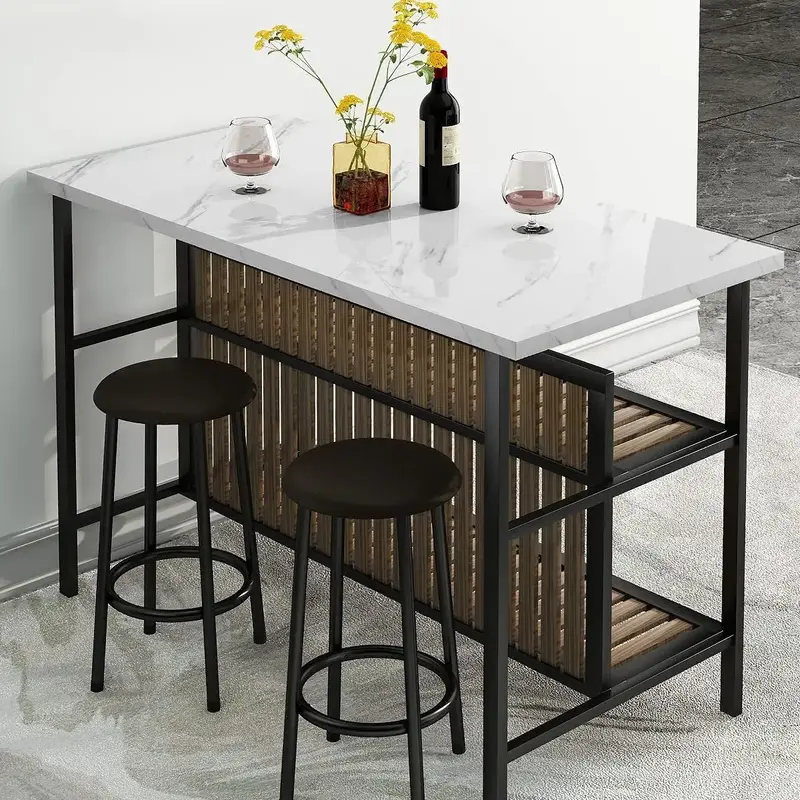 AWQM 3-Piece  Faux Marble Dining Table& Chairs for 2, Kitchen Island Set with Storage, Small Space, White/Brown/Walnut