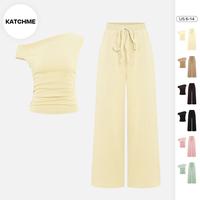 KatchMe Women's Solid Color Sloping Shoulder Shirred Slim Top & Wide Leg Trousers Co-ord, Versatile Matching Set, Minimalist ...