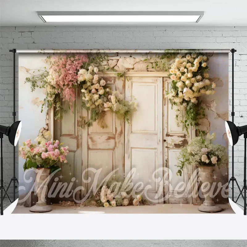 Floral Shabby Wooden Door Brick Wall Spring Backdrop - Aperturee
