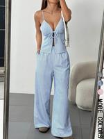 Two-piece Set Women's Striped Print Sleeveless Cami Top & Wide Leg Pants, Casual Fashion Cozy Set for Daily Outdoor Wear, Lad...