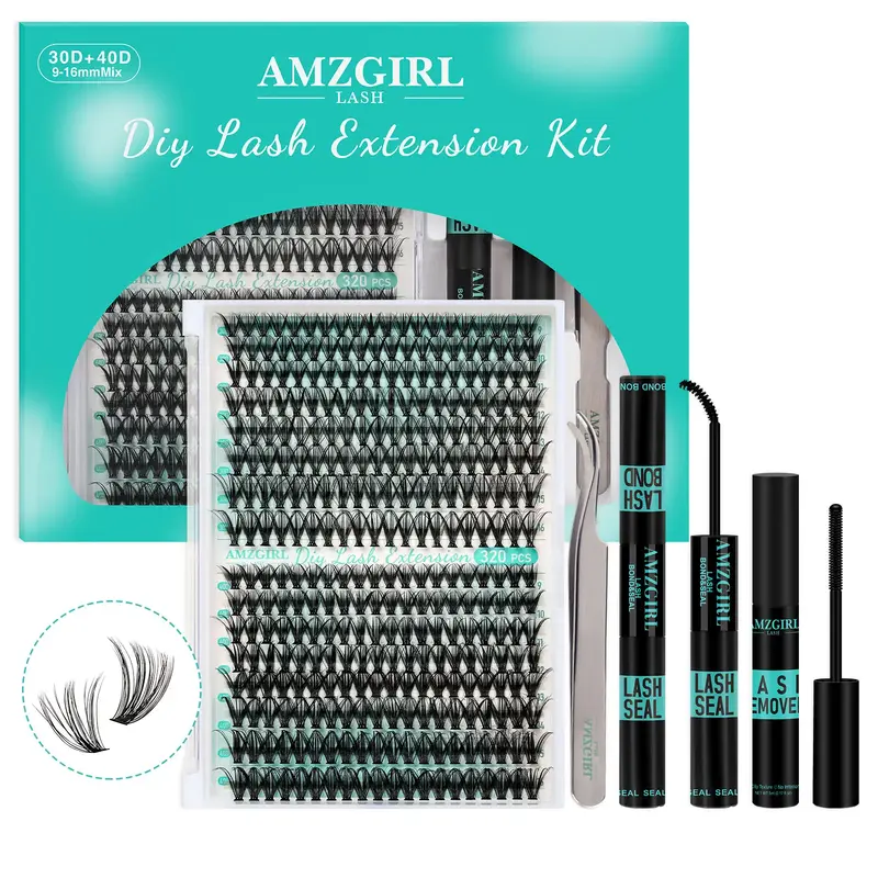 AMZGIRL LASH 320 Clusters DIY Cluster Lash Extension Kit 30D+40D 60D+80D Eyelashes Waterproof Bond and Seal DIY Lash Extensio...