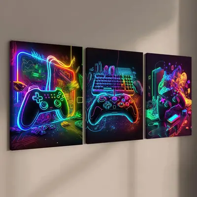 Modern Neon Gamepad Lightsaber Man Pattern Canvas Painting with Frame, 3 Counts/set Modern Wall Art Painting, Wall Art Decor ...