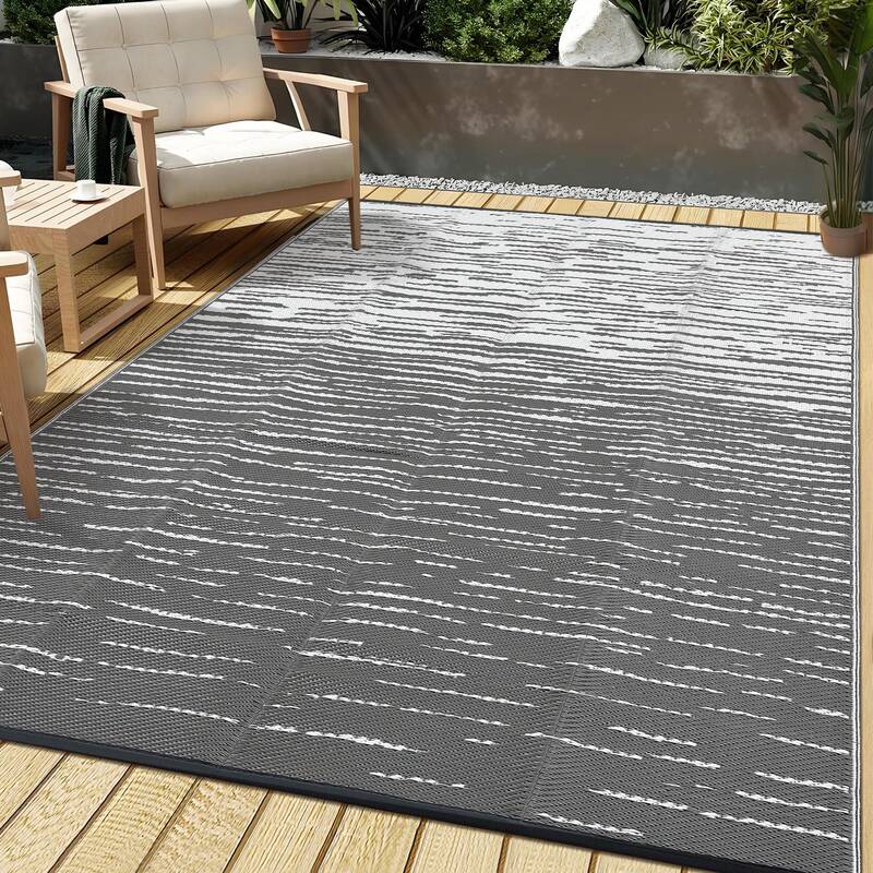 Garvee Waterproof Outdoor Rug 6x9ft – Reversible Grey & White Plastic Straw Patio Carpet – Modern Abstract, UV Resistant,...