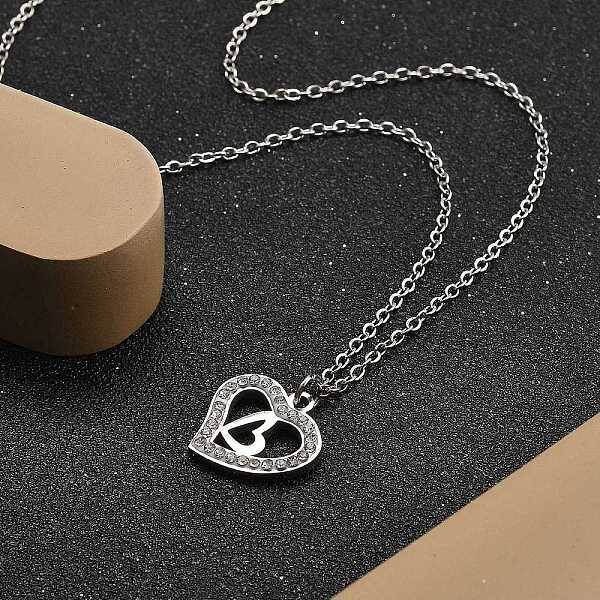 304 Stainless Steel Crystal Rhinestone Heart Pendant Cable Chain Necklaces for Women