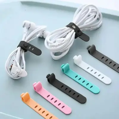 6pcs Random Color Silicone Cable Tie, Simple Plain Wire Tie, Household Data Cable Organizing Tape, Household Items, Desk Acce...
