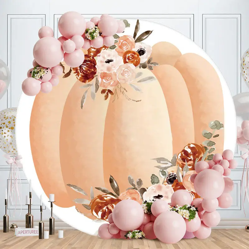 Aperturee Circle Floral And Pumpking Happy Birthday Backdrop
