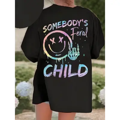 SOMEBODY'S FERAL CHILD Print 100% cotton Short Sleeve T-shirt, Comfy Casual Tees For Girls Summer,clothes for 2–10 girls ...