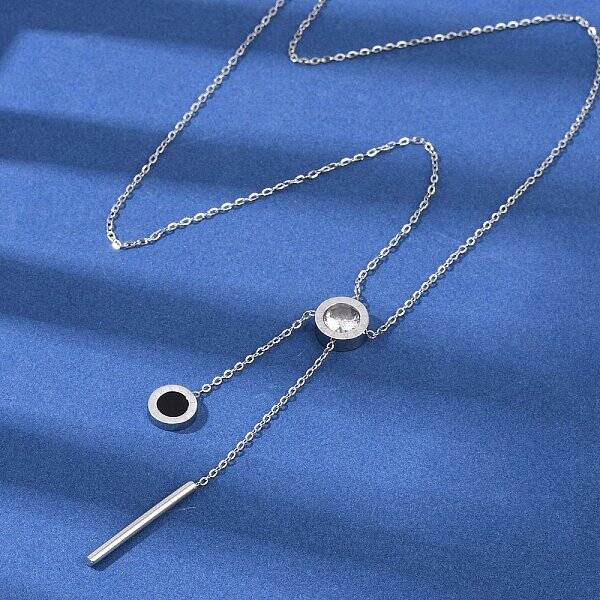 304 Stainless Steel Crystal Rhinestone Flat Round Pendant Y Necklaces