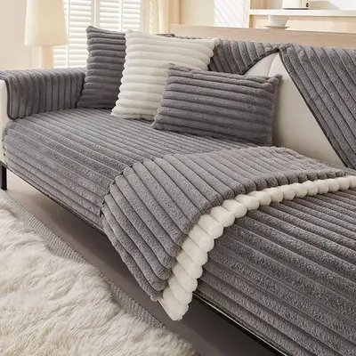 Striped Thick Plush Sofa Cover, 1 Count Non-slip Sofa Slipcover, Furniture Protective Cover for Home Living Room Bedroom Offi...