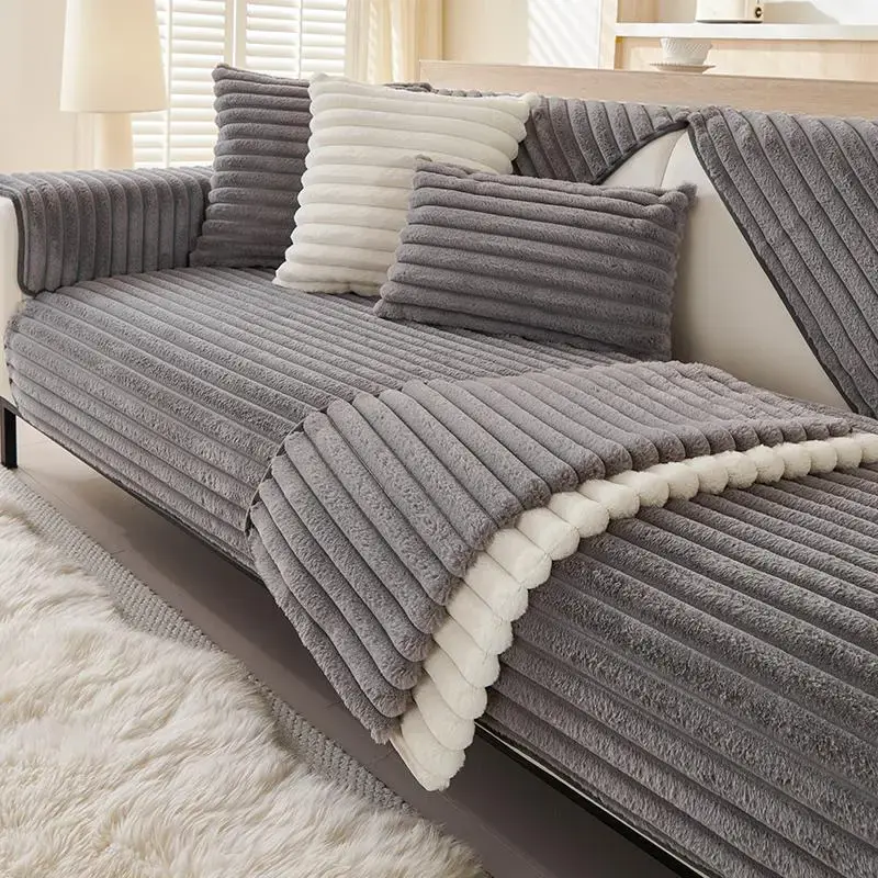 Striped Thick Plush Sofa Cover, 1 Count Non-slip Sofa Slipcover, Furniture Protective Cover for Home Living Room Bedroom Offi...