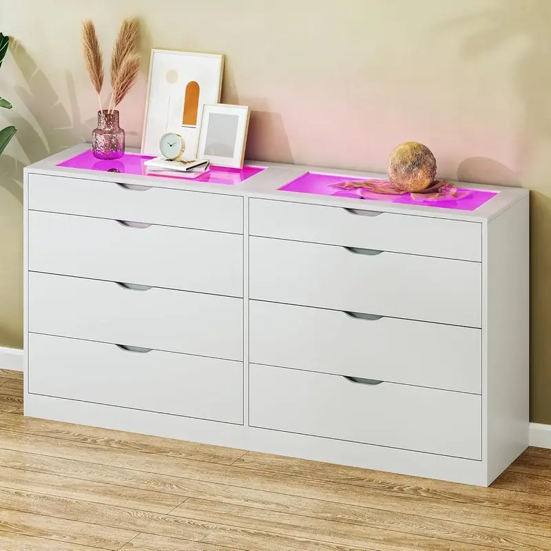 8 Drawer Dresser for Bedroom, White Dresser for Bedroom with LED, 55.1''W Chest of Drawers with Glass Top, Modern Double Wide...
