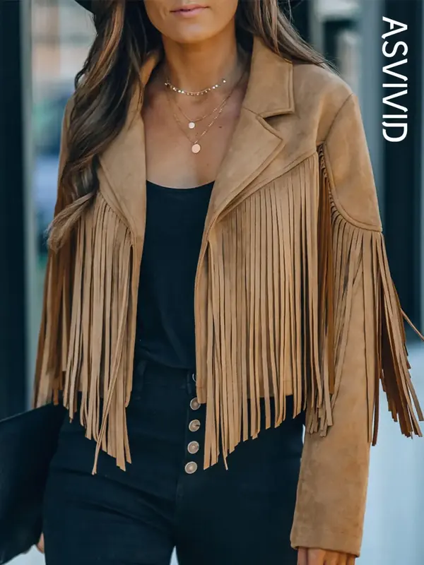 Women's Fringe Trim Lapel Collar Jacket, Casual Long Sleeve Open Front Outerwear for Spring & Fall, Ladies Clothes for Daily ...