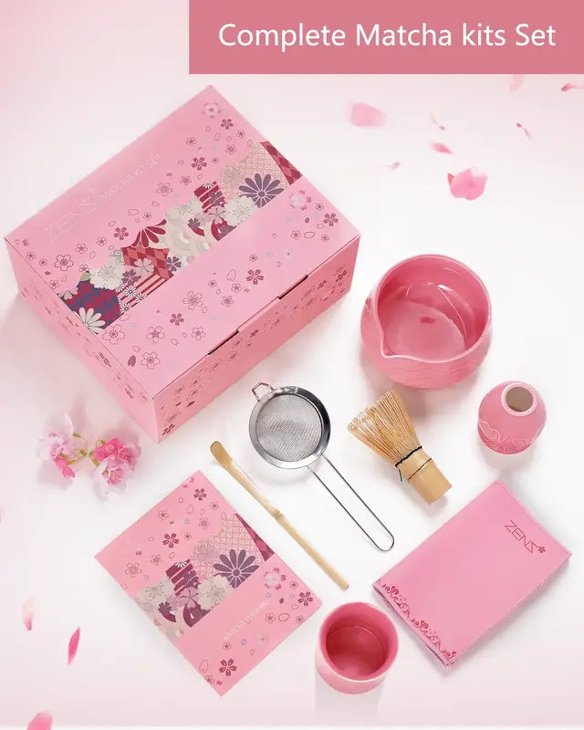 ZENS Complete Matcha Kit - 5/6/7 Pcs Set with Ceramic Bowl, Bamboo Whisk, & Accessories - Japanese-Inspired Matcha Ceremony S...