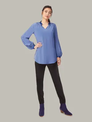 ZINNIA | Cavalier-Sleeves Silk Blouse | Colour: STORM BLUE | Size: UK 6 (US 0)
