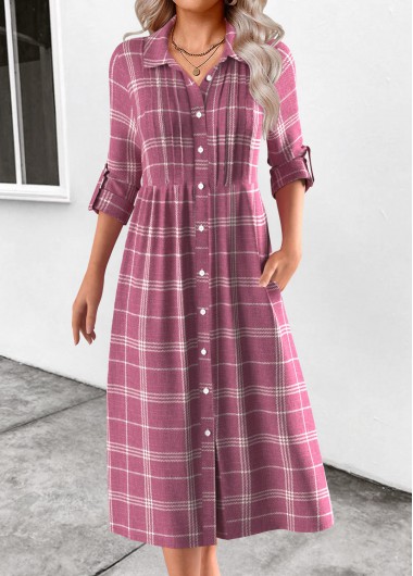 Modlily Pink Button Plaid Long Sleeve Shirt Collar Dress - XXL