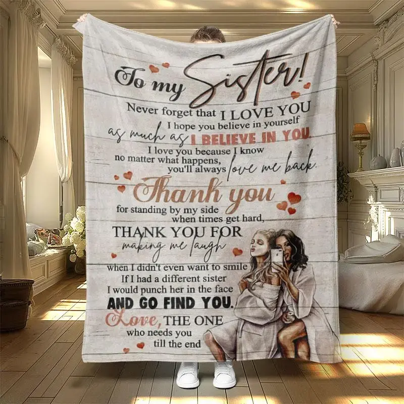 Letter & Sisters Pattern Blanket, 1 Count Soft Warm Throw Blanket, Air-conditioned Room Blanket, Warm Nap Blanket for Home Of...