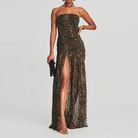 Women's Tube Top DressStrapless Backless Mesh Patchwork Tropical Leopard Print High Slit Long Dress for Party Club Night