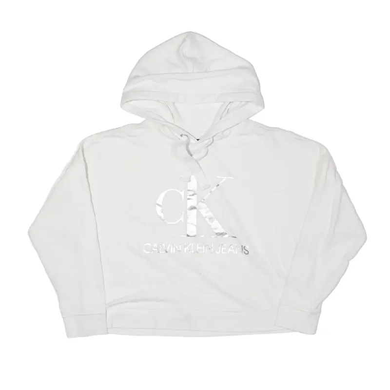 CALVIN KLEIN JEANS Relaxed Fit Cropped Hoodie White Pullover Womens L