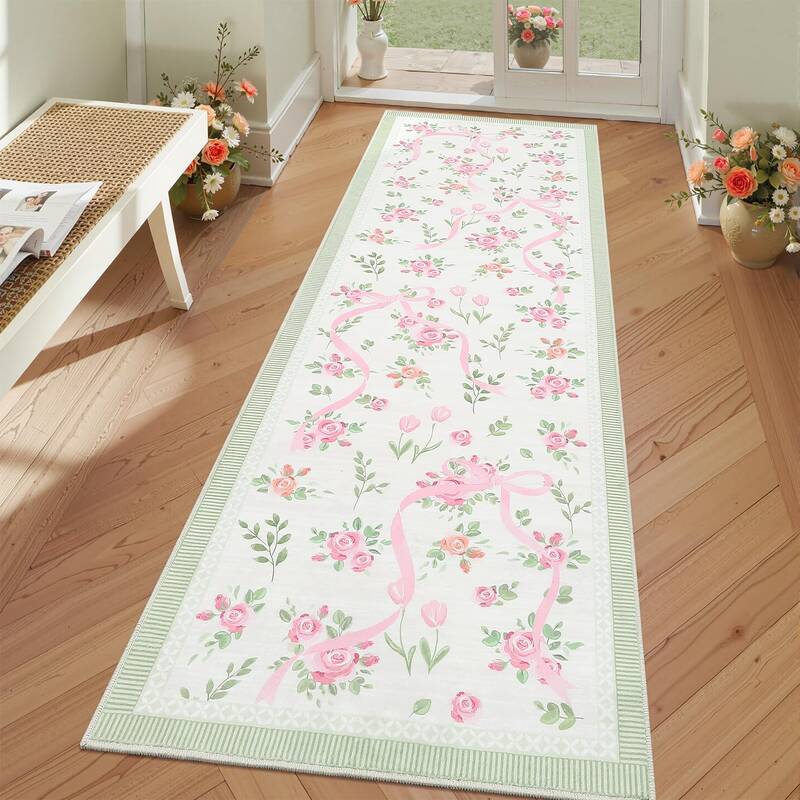 Garvee Floral Print Washable Rug 2x6 Non-Slip Lightweight Faux Wool Botanical Design for Entryway Kitchen Nursery Playroom