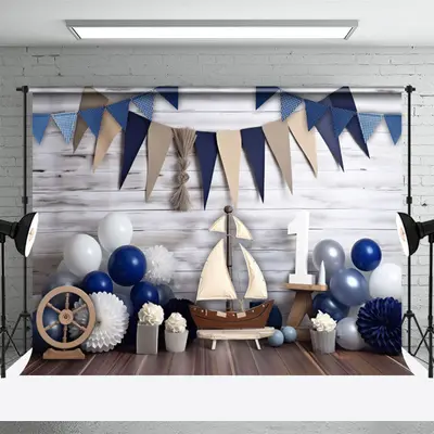 Wood Wall Blue Boys 1st Birthday Cake Smash Backdrop - Aperturee