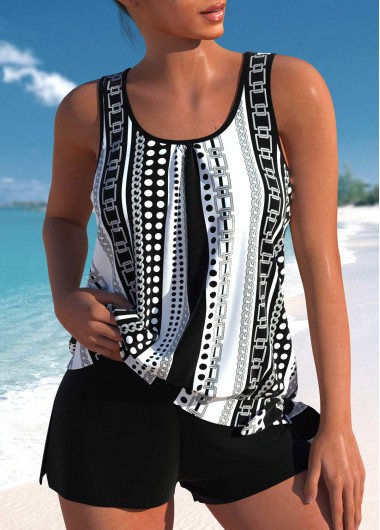 Modlily Bowknot Geometric Print Black Tankini Set - M
