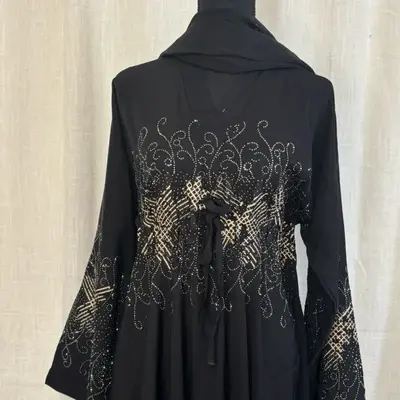 Abaya for Eid - Black Fabric with Gold Embroidery, Long Sleeves, Front Tie, Suitable for Eid Celebrations on