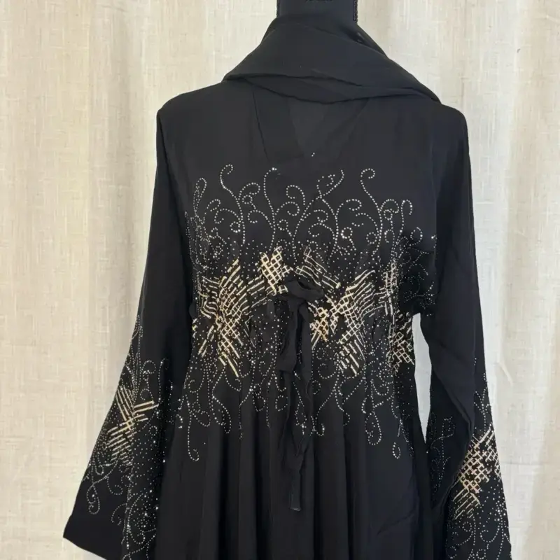 Abaya for Eid - Black Fabric with Gold Embroidery, Long Sleeves, Front Tie, Suitable for Eid Celebrations on