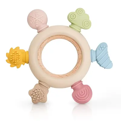 Baby Soothing Teether with 6 Different Textures, Silicone Teething Relief Toy for Hand-eye Coordination, Baby Teether Ring fo...