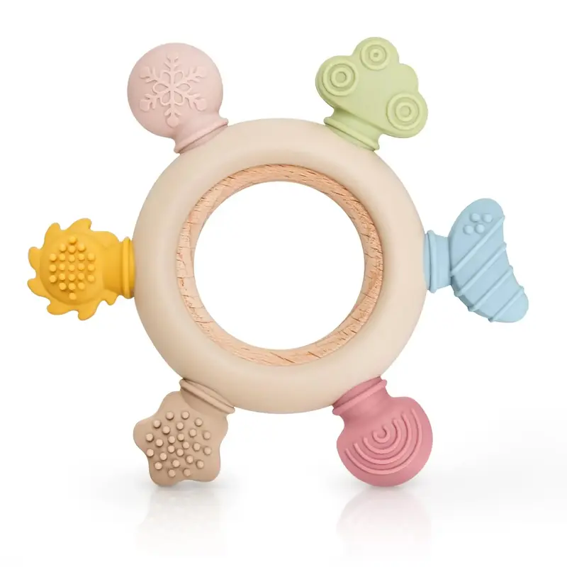 Baby Soothing Teether with 6 Different Textures, Silicone Teething Relief Toy for Hand-eye Coordination, Baby Teether Ring fo...