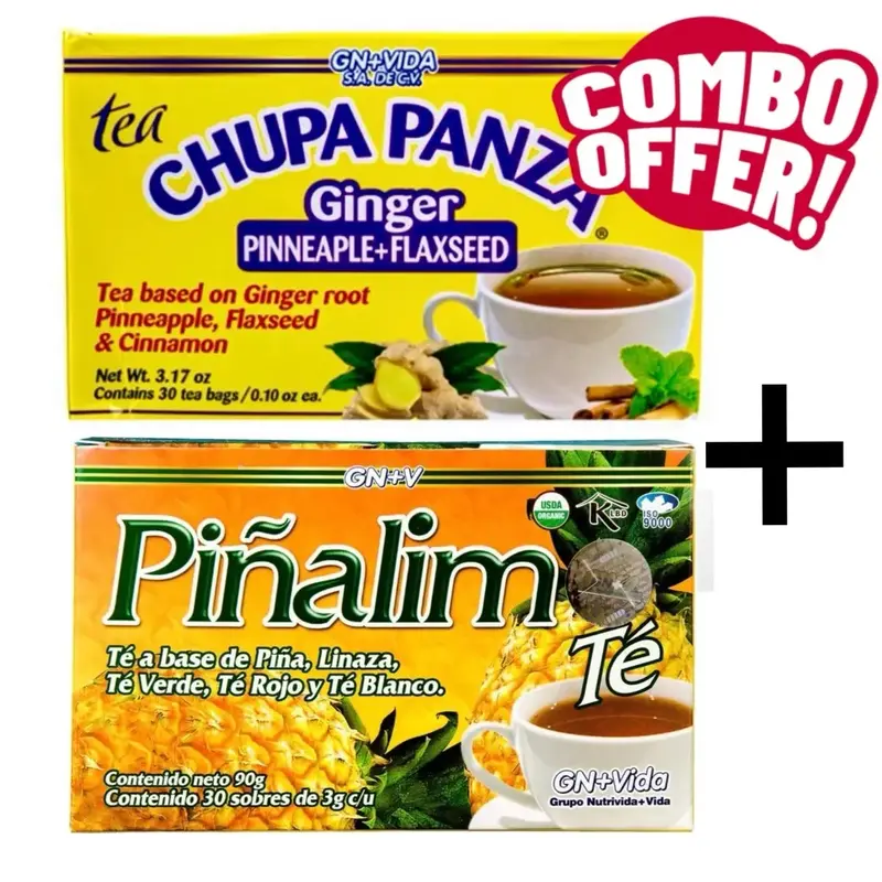 Chupa Panza Tea + Pinalim Tea Combo Pack Famous Mexican Flaxseed Herbal Tea Ginger & Pineapple, Green, White, Cinnamon, Bever...