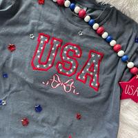 Embroidered USA Tshirt, Coquette Tshirt, Cute Bow Tshirt