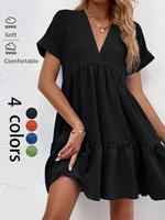 Women's Plain Short Sleeve V Neck Ruffle Hem Smock Dress, Black Tiered Mini Short Tunic Dresses for Outdoor Vacation Holiday,...