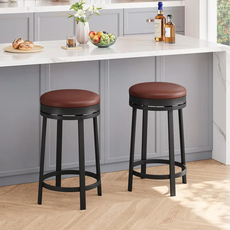 Garvee 24'' Swivel Bar Stools Set of 2 with Footrest, Modern Counter Height Barstools with PU Leather Upholstered and Metal F...