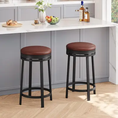 Garvee 24'' Swivel Bar Stools Set of 2 with Footrest, Modern Counter Height Barstools with PU Leather Upholstered and Metal F...