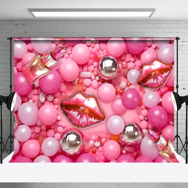 Pink Balloon Lips Girl Birthday Cake Smash Backdrop - Aperturee