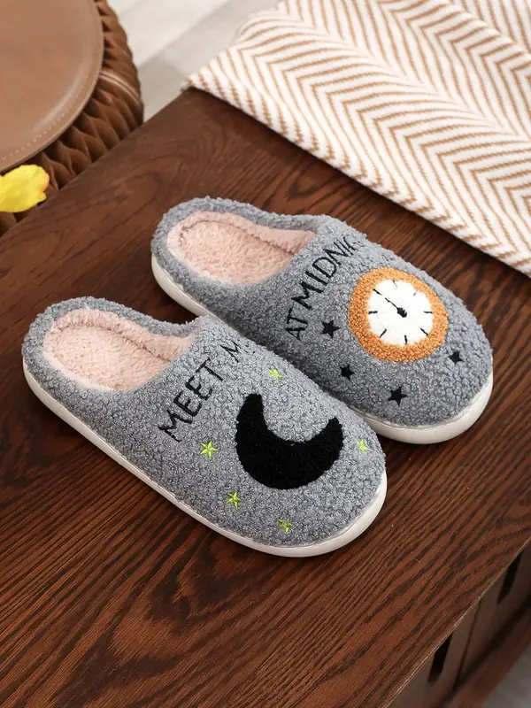 Women's Cute Cartoon Letter Pattern Soft Warm Flat Fluffy Slip on House Slippers, Autumn and Winter Style Plush Fuzzy Comfort...