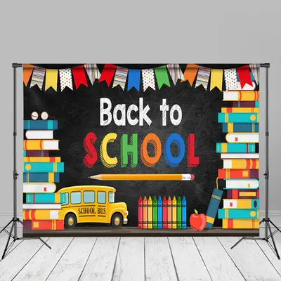 Books Pencil Bus Crayon Black Back To School Backdrop - Aperturee