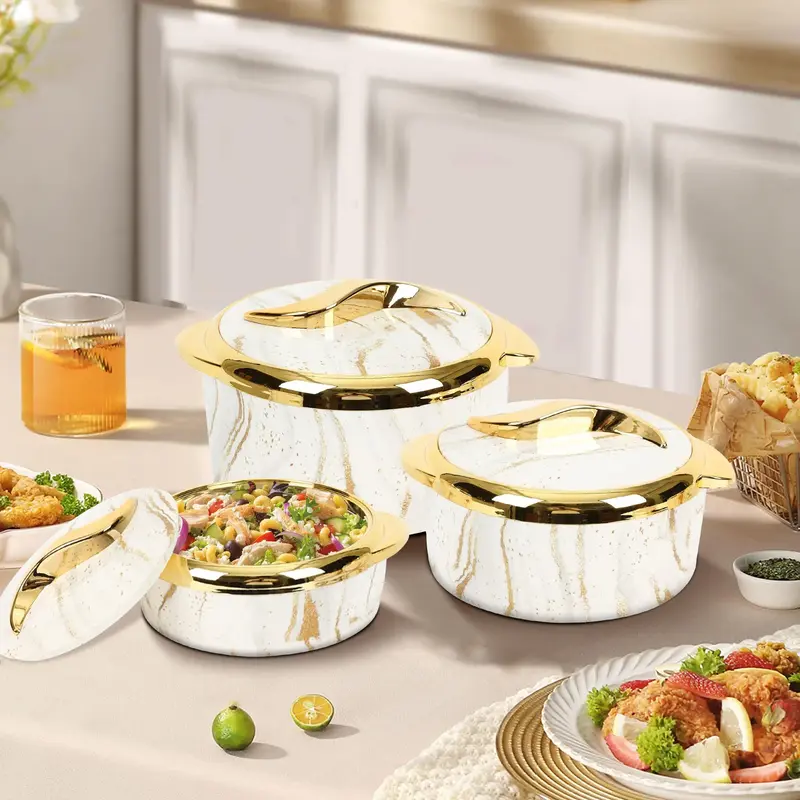 Marble Pattern Food Warmer Set, 3 Counts/set Modern Stainless Steel Insulated Casserole Dish Set with Lid, Serving Bowl for B...