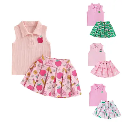 Toddler Baby girl First Day Of The School Outfit Apple Embroidery Knit Tank Top Pleated Skirts Set