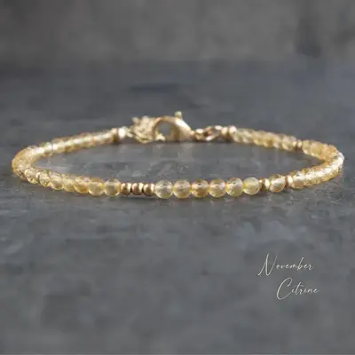 Natural Dainty Citrine Tiny Beads Yellow Crystal Healing Charka Crystal Gold-Plated Chain Minimalist Bracelet Gift for Women