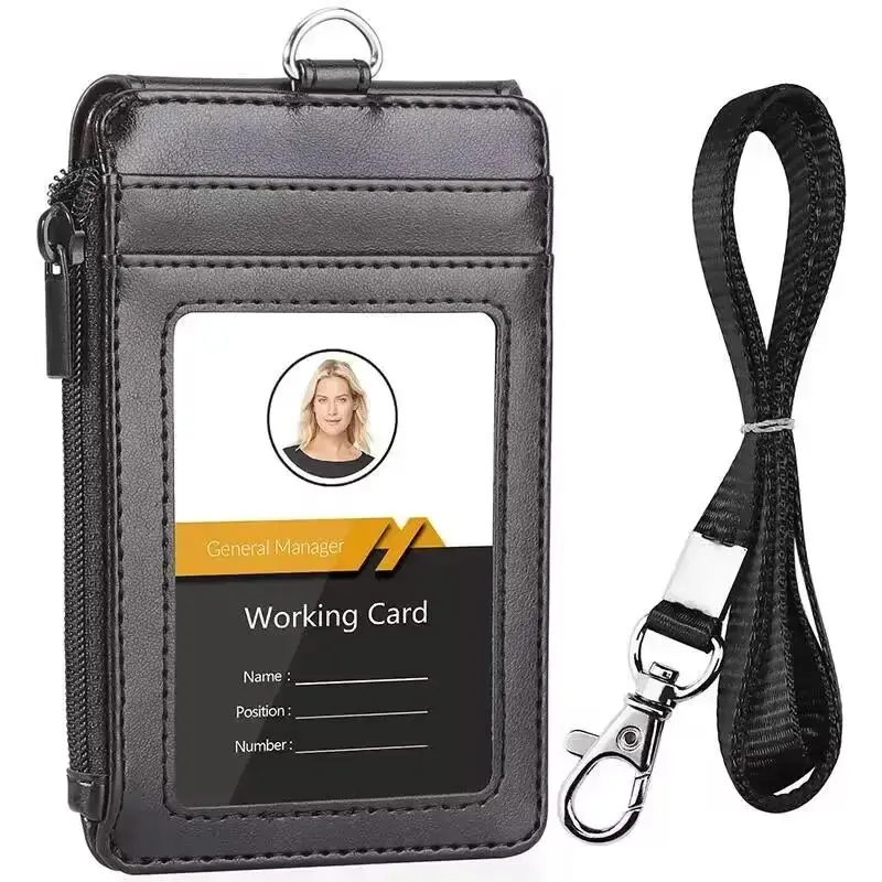 1 Piece Flip Cover Identification Badges with Lanyard, Leather ID Card Holder with Clear ID Window, Durable Comfortable Offic...