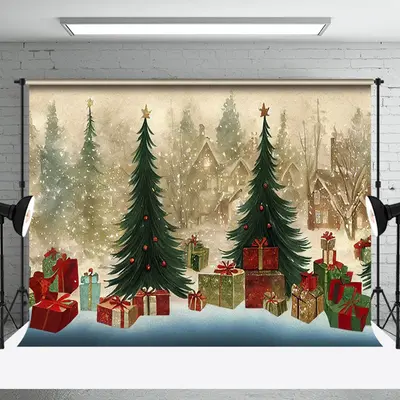 Aperturee Vintage Cartoon Christmas Tree Gift Boxbackdrop - Aperturee