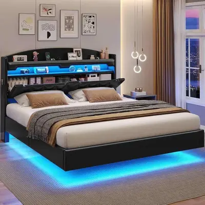 Sikaic RGB LED Floating Platform Bed Frame with Type-C Charging Station & Storage Headboard PU Black Furniture Luxury Modern ...
