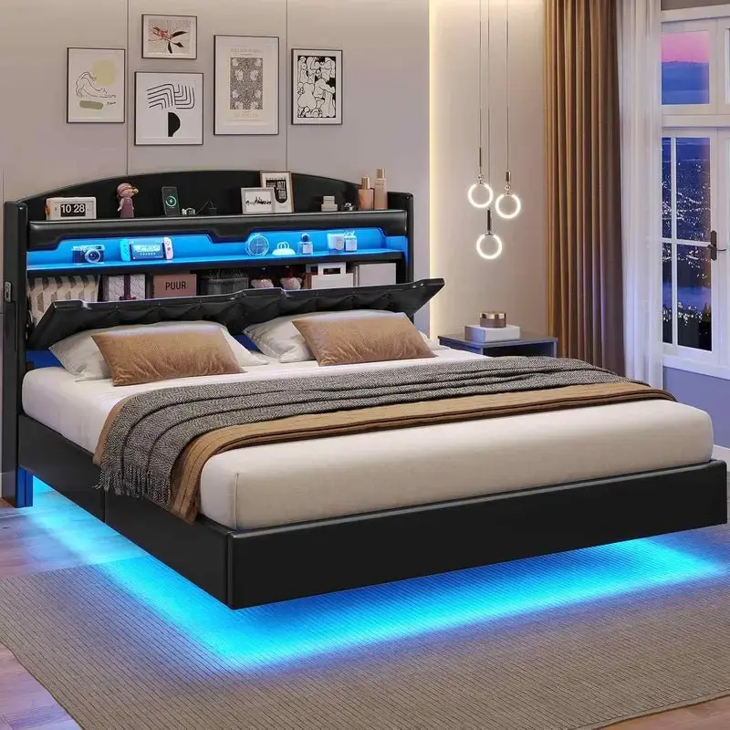 Sikaic RGB LED Floating Platform Bed Frame with Type-C Charging Station & Storage Headboard PU Black Furniture Luxury Modern ...