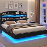 Sikaic RGB LED Floating Platform Bed Frame with Type-C Charging Station & Storage Headboard PU Black Furniture Luxury Modern ...