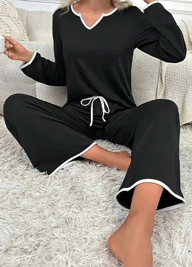 Modlily Black Long Sleeve V Neck Lounge Top and Pants - XL